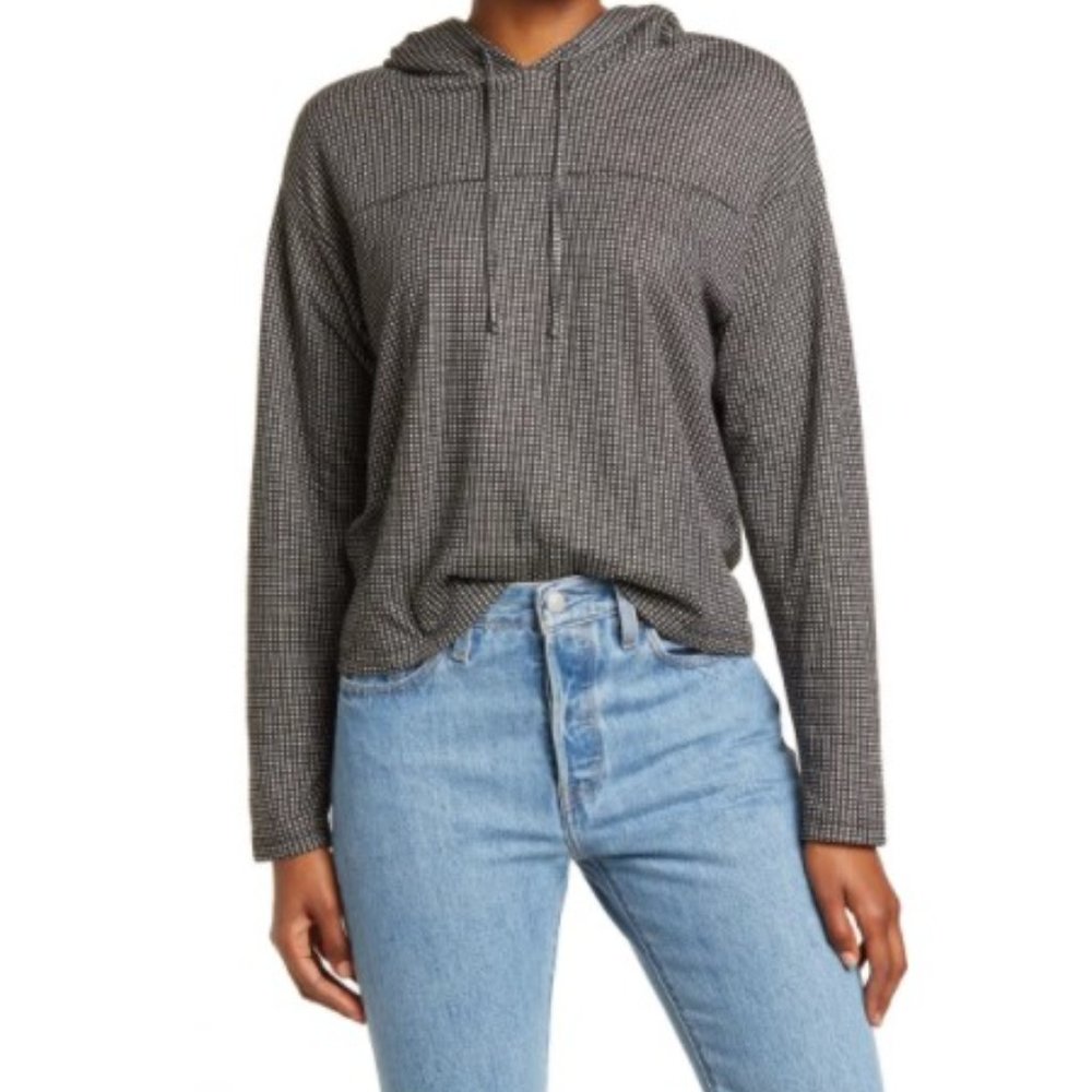 Marine Layer Dawn Grid Print Texture Hoodie Pullover Black & Natural Size XL